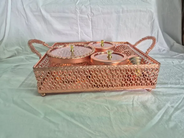 COPPER_PLATED_ORNATE_SERVING_TRY_WITH_THREE_JARS_AND_ONE_SPOON_BOX