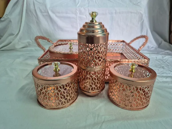 COPPER_PLATED_ORNATE_SERVING_TRY_WITH_THREE_JARS_AND_ONE_SPOON_BOX