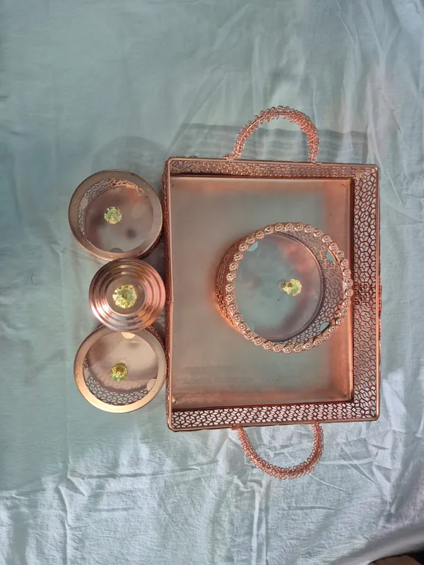 COPPER_PLATED_ORNATE_SERVING_TRY_WITH_THREE_JARS_AND_ONE_SPOON_BOX