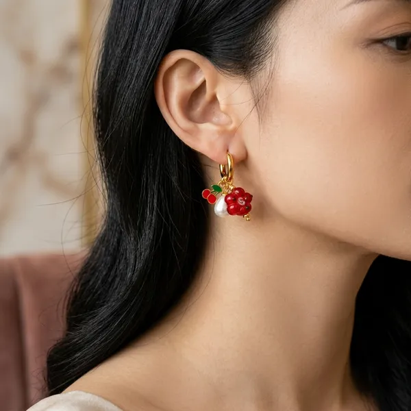 Gold-Tone_Cherry_Pearl_Drop_Hoop_Earrings_For_Women