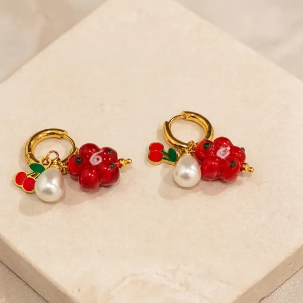 Gold-Tone_Cherry_Pearl_Drop_Hoop_Earrings_For_Women