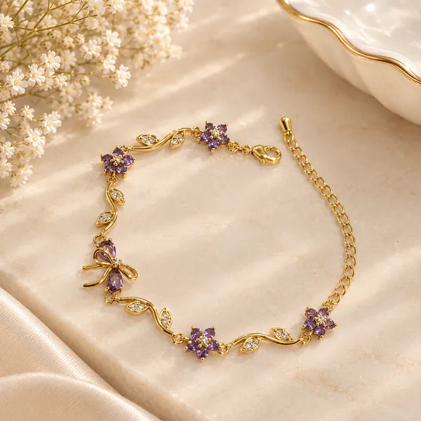Gold_Tone_Floral_Charm_Bracelet_For_Women