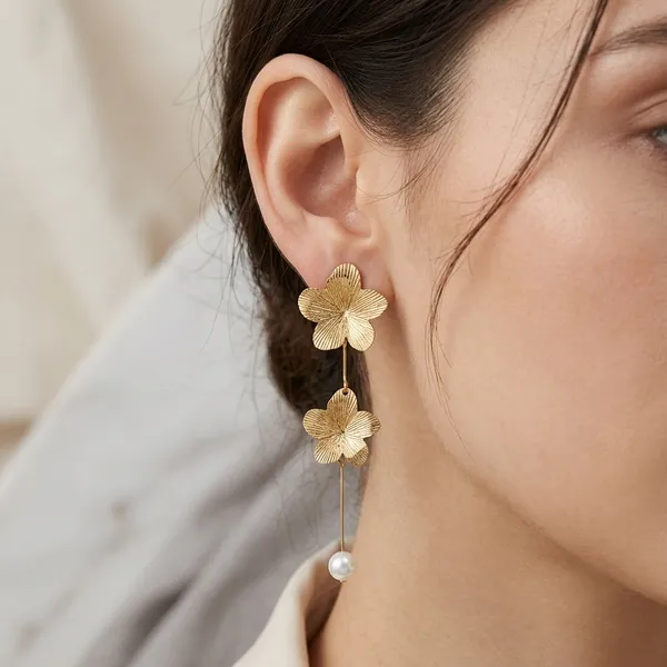 Gold-Tone_Stainless_Steel_Floral_Drop_Earrings_For_Women