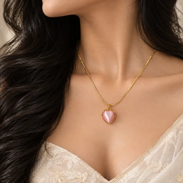 Gold_Tone_Pink_Heart_Pendant_Necklace_For_Women