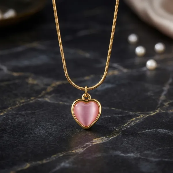 Gold_Tone_Pink_Heart_Pendant_Necklace_For_Women