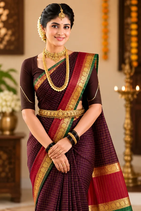 Fashion_Checkered_Kanjeevaram_Pure_Silk_Saree_(Burgundy)
