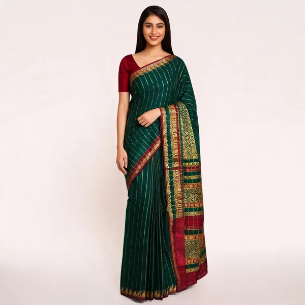 Fashion_Striped,_Self_Design,_Woven_Banarasi_Silk_Blend_Saree_(Dark_Green)