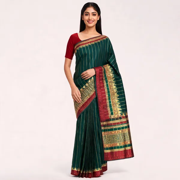 Fashion_Striped,_Self_Design,_Woven_Banarasi_Silk_Blend_Saree_(Dark_Green)