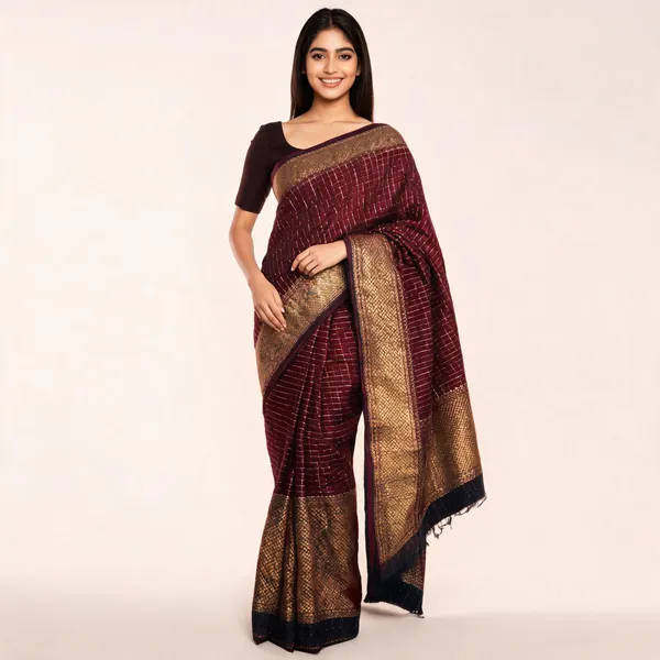Rhfashions_Checkered_Banarasi_Silk_Blend_Saree_(Brown)