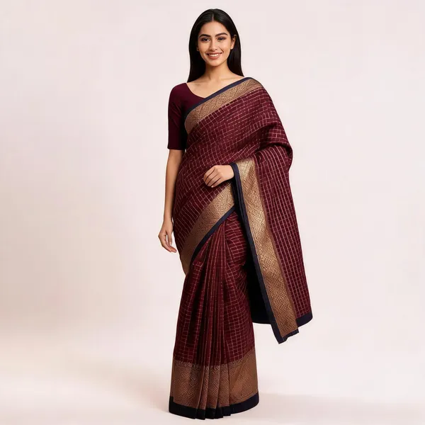 Rhfashions_Checkered_Banarasi_Silk_Blend_Saree_(Brown)