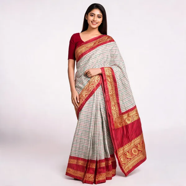 Rhfashions_Checkered,_Woven_Chettinadu_Silk_Blend_Saree_(Grey_&_Red)