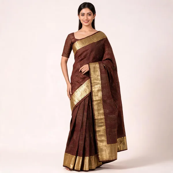 Qrfashion_Checkered_Banarasi_Silk_Blend_Saree_(Brown)