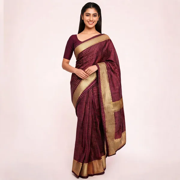 Rhfashions_Checkered_Banarasi_Silk_Blend_Saree_(Brown)