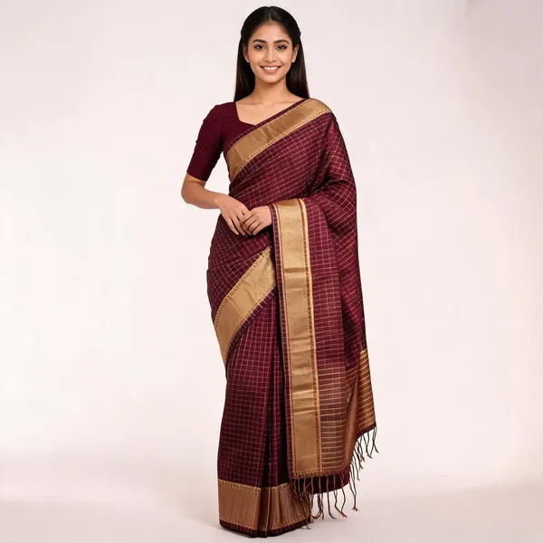 Rhfashions_Checkered_Banarasi_Silk_Blend_Saree_(Brown)