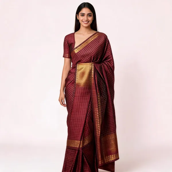 Fashion_Checkered_Banarasi_Silk_Blend_Saree_(Brown)
