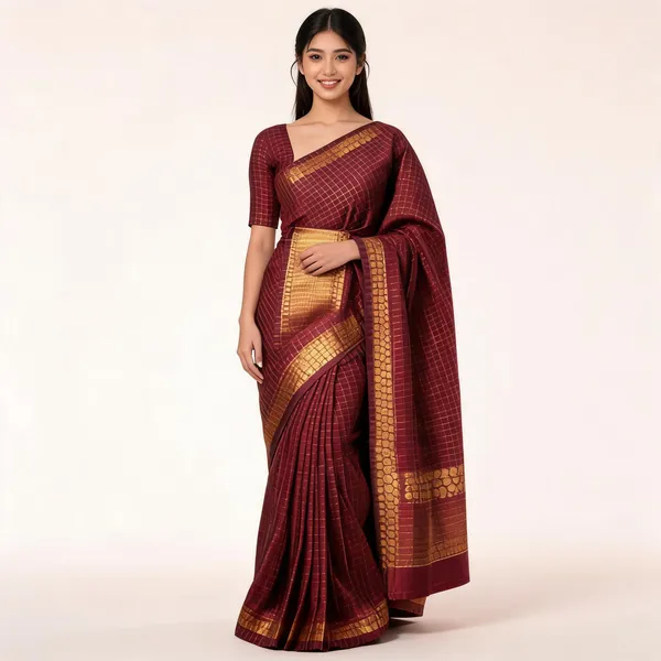 Fashion_Checkered_Banarasi_Silk_Blend_Saree_(Brown)