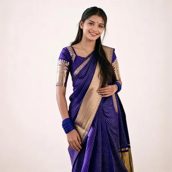 Rhfashions_Checkered_Kanjeevaram_Silk_Blend_Saree_(Blue)