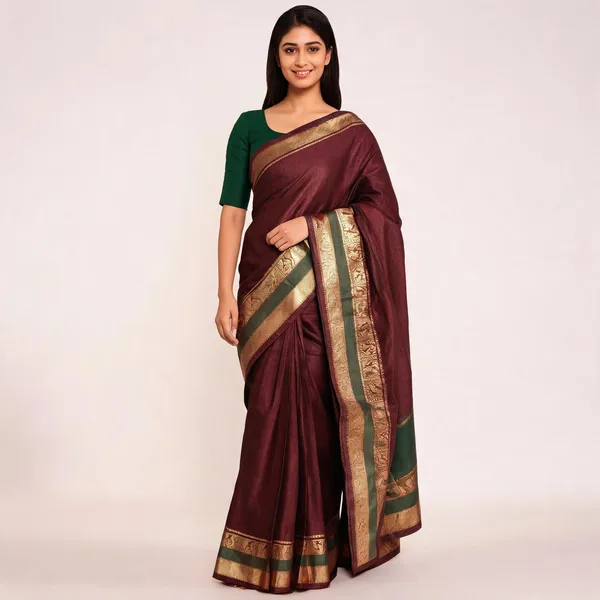 Fashion_Solid/Plain_Kanjeevaram_Silk_Blend_Saree_(Brown)