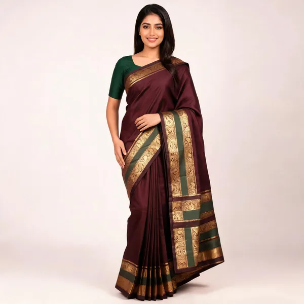Fashion_Solid/Plain_Kanjeevaram_Silk_Blend_Saree_(Brown)