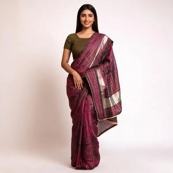 Fashion_Checkered_Mysore_Viscose_Rayon_Saree_(Burgundy)