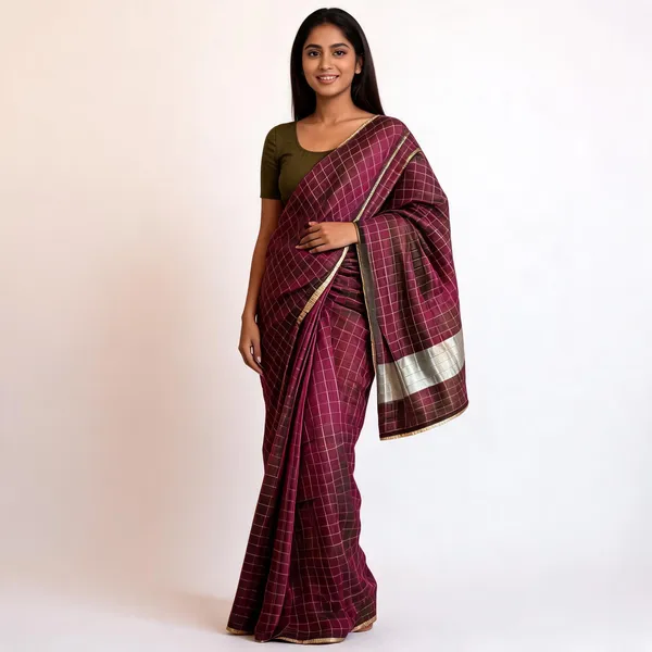 Fashion_Checkered_Mysore_Viscose_Rayon_Saree_(Burgundy)