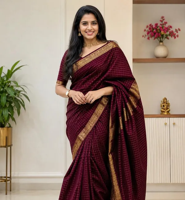 Fashion_Checkered_Kanjeevaram_Silk_Blend_Saree_(Brown)