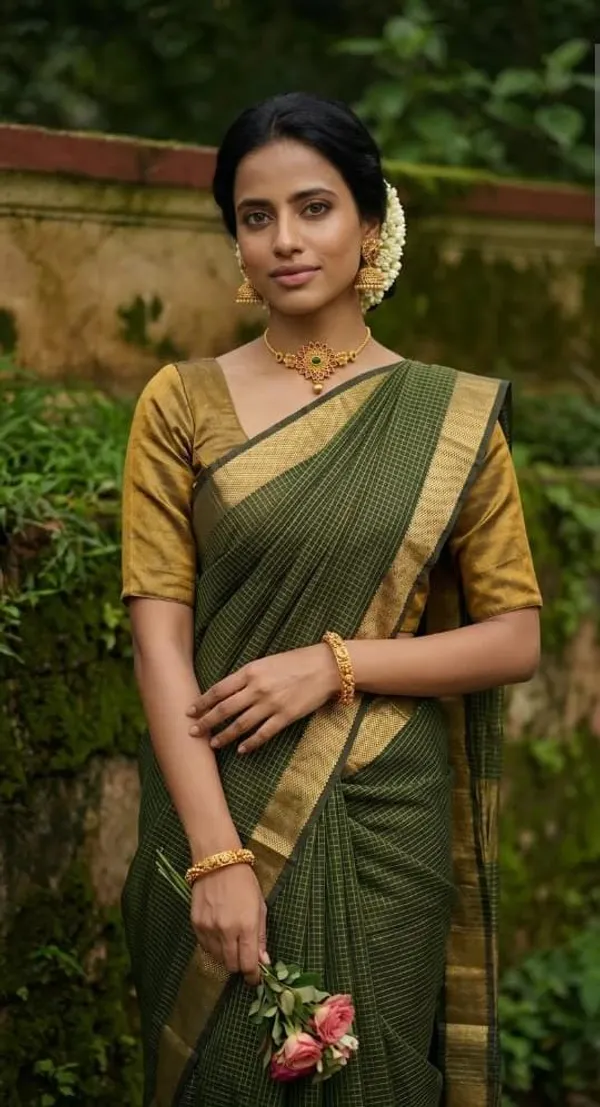 Fashion_Checkered_Banarasi_Silk_Blend_Saree_(Dark_Green)