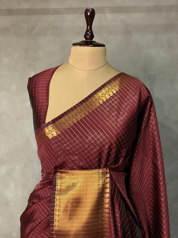 Fashion_Checkered_Banarasi_Silk_Blend_Saree_(Brown)