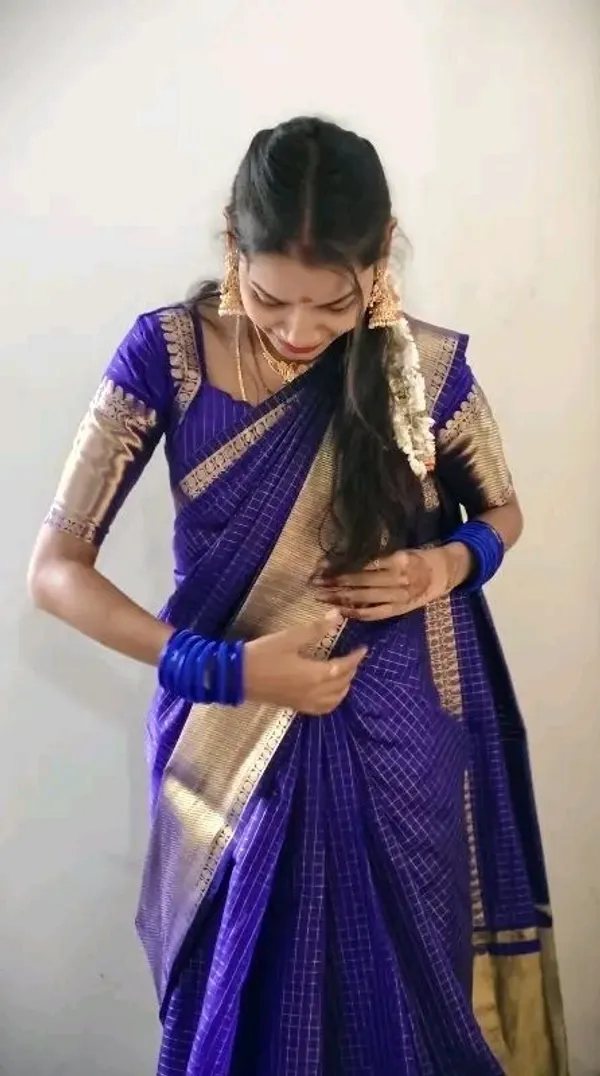 Rhfashions_Checkered_Kanjeevaram_Silk_Blend_Saree_(Blue)