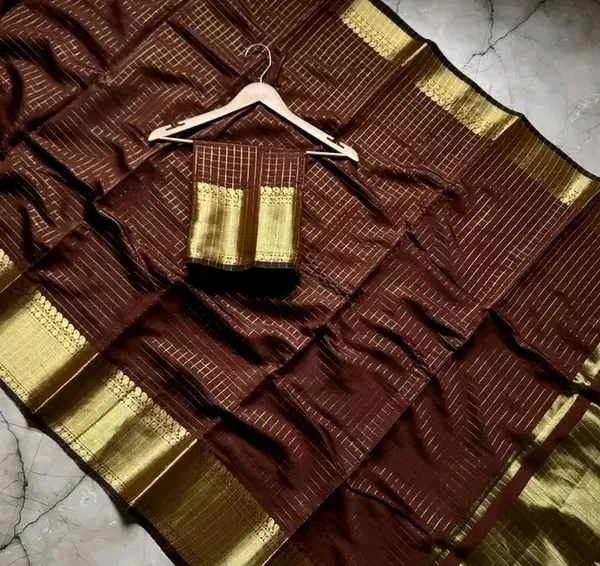 Qrfashion_Checkered_Banarasi_Silk_Blend_Saree_(Brown)