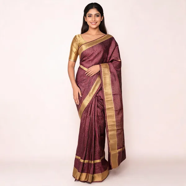 Fashion_Checkered_Banarasi_Silk_Blend_Saree_(Brown)