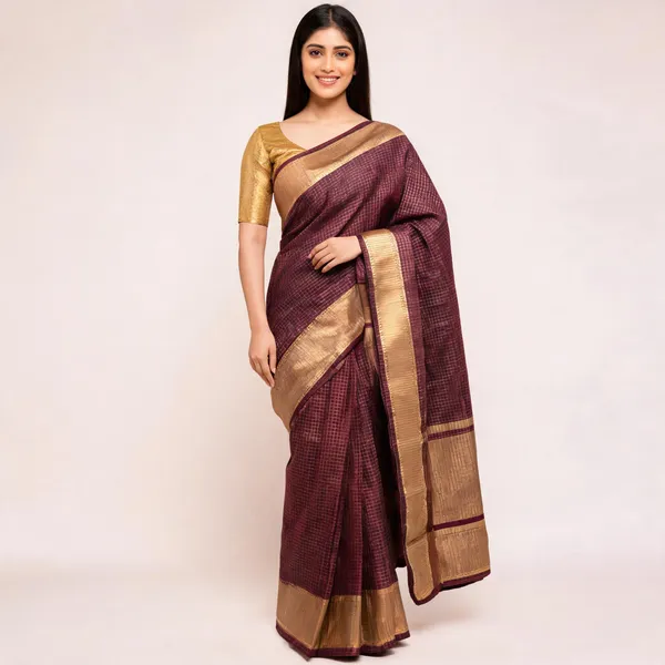 Fashion_Checkered_Banarasi_Silk_Blend_Saree_(Brown)