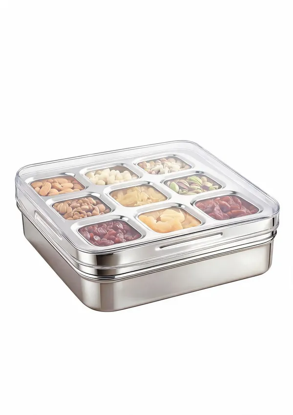 Houzifyy_9_Square_Stainless_Steel_Masala_Box_For_Kitchen_|_Spice_Box_With_See-through_Lid_|_9_Containers_Masala_Dani/Dabba_|_Dry_Fruit_Organiser_|_Food_Grade_Rust-Free_Steel