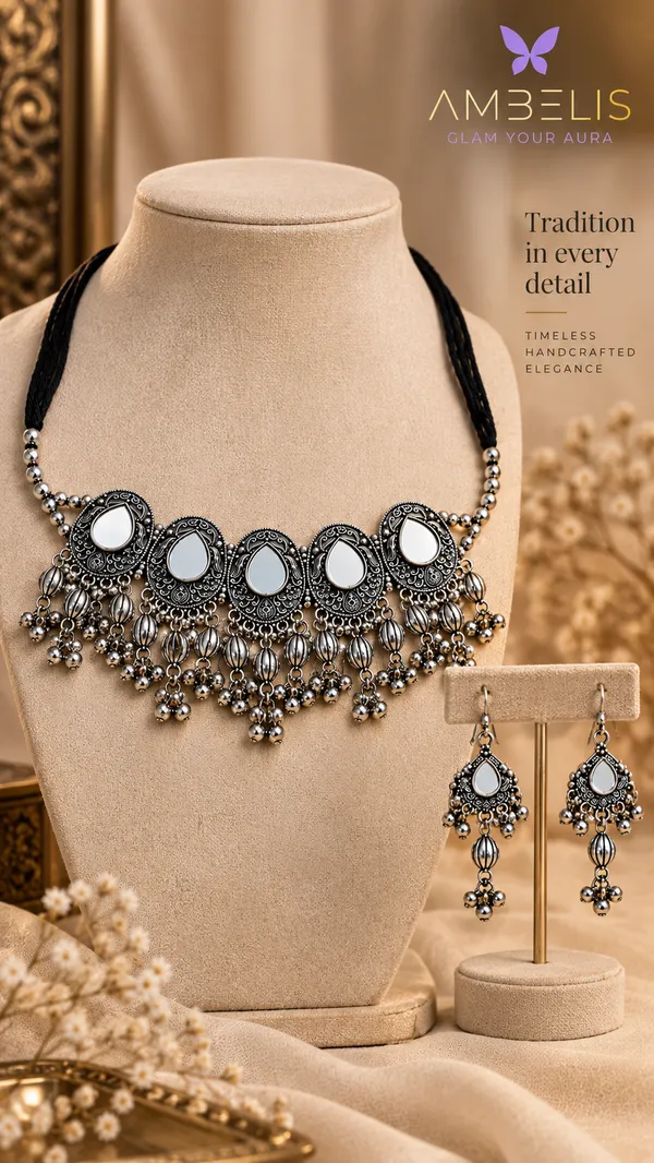Silver-Tone_Oxidised_Mirror_Necklace_And_Earrings_Set_for_Women
