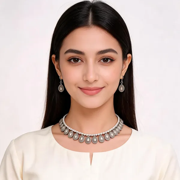 Silver_Oxidised_Teardrop_Choker_Necklace_With_Earrings_Set