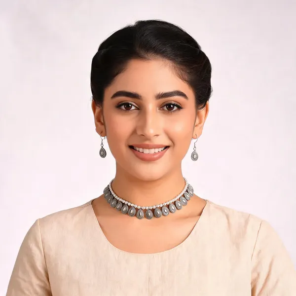Silver_Oxidised_Teardrop_Choker_Necklace_With_Earrings_Set