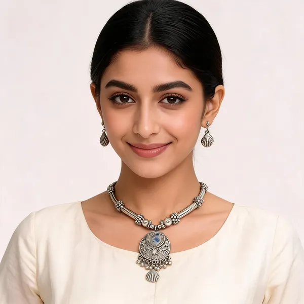 Oxidized_Silver_Shell_Pendant_Necklace_With_Earrings_Set