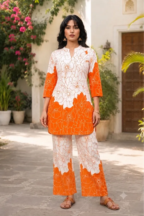 Orange_And_White_Cotton_Floral_Print_Co-Ord_Set_For_Women