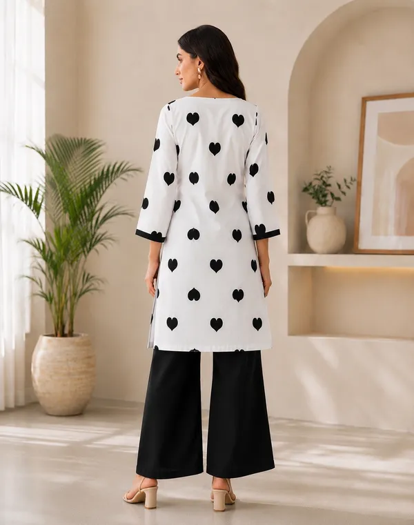 White_And_Black_Cotton_Heart_Print_Kurta_With_Palazzo_Set_For_Women