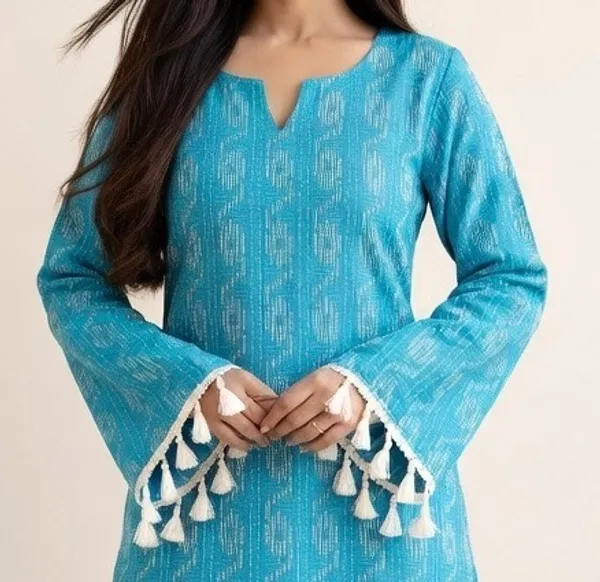 Turquoise_Cotton_Textured_Tassel_Detail_Kurta_For_Women