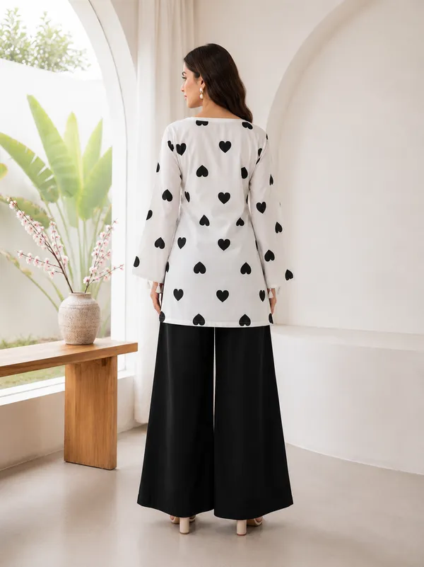 White_And_Black_Cotton_Heart_Print_Kurta_Palazzo_Set_For_Women