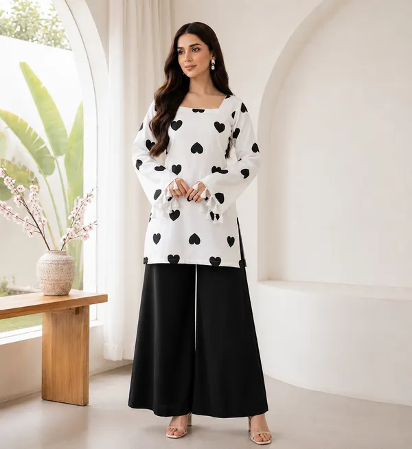 White_And_Black_Cotton_Heart_Print_Kurta_Palazzo_Set_For_Women