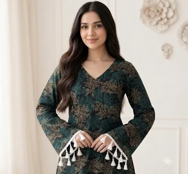 Teal_Green_Cotton_V-Neck_Foliage_Print_Tassel_Kurta_For_Women