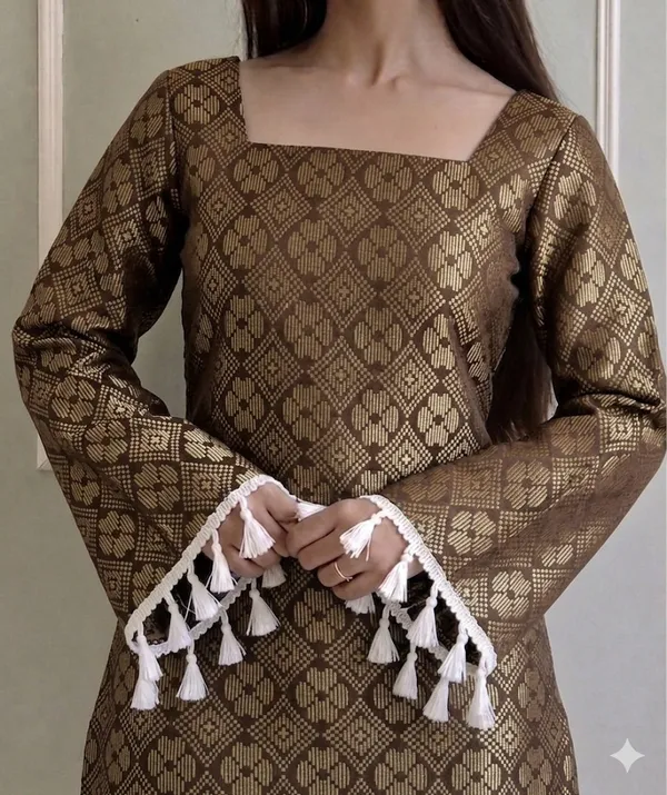 Brown_Brocade_Square_Neck_Tassel_Detail_Kurta_For_Women