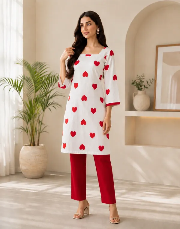 White_And_Red_Cotton_Heart_Print_Three-Quarter_Sleeve_Kurta_Pant_Set_For_Women