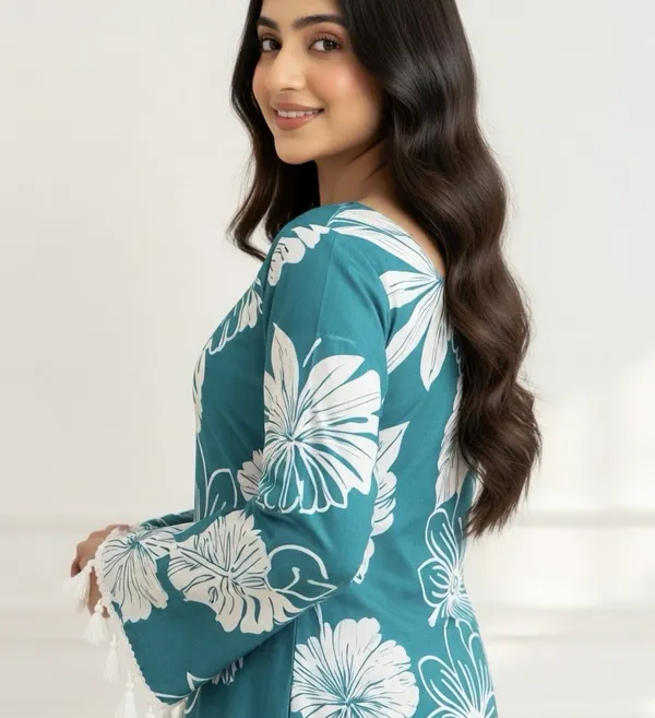 Teal_Cotton_Floral_Print_Kurti_For_Women