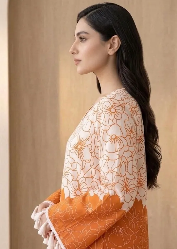 Orange_And_White_Cotton_Floral_Print_V-Neck_Tassel_Kurta_For_Women