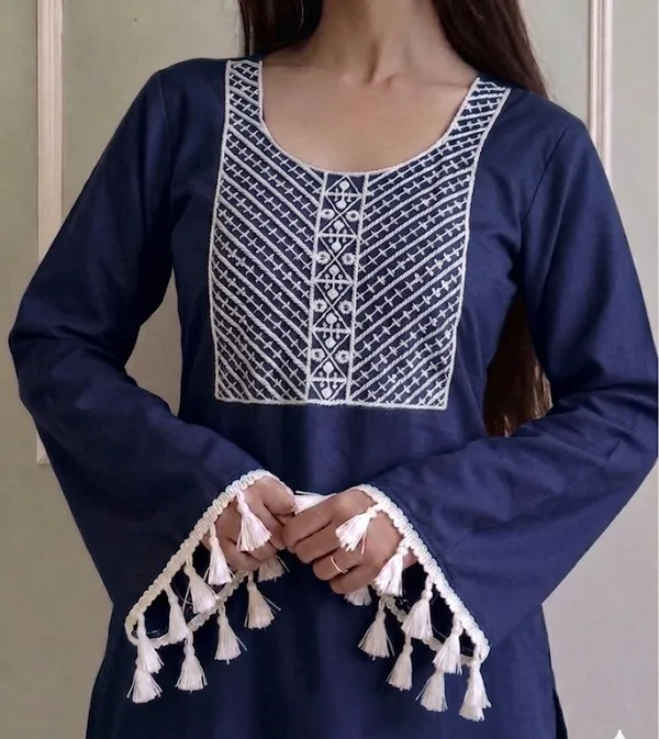 Navy_Blue_Cotton_Embroidered_Yoke_Tassel_Kurta_For_Women