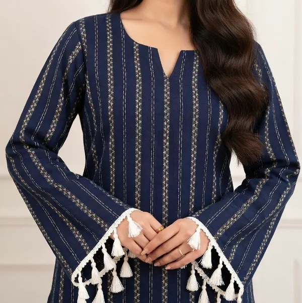 Navy_Blue_Cotton_Striped_Tassel_Sleeve_Kurta_For_Women