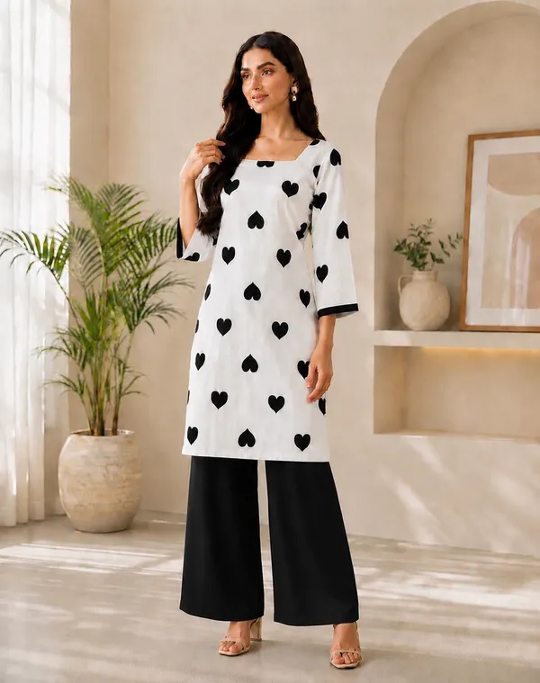 White_And_Black_Cotton_Heart_Print_Kurta_With_Palazzo_Set_For_Women